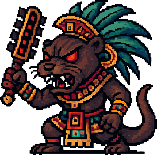 Genérame una Nutria Neotropical guerrero azteca con eso patrones, estilo pixelar, con una apariencia maligna, ojos rojos, rabioso. Unidad cuerpo a cuerpo. Animal.
In-Game asset.  2d.  High contrast.  No shadows
