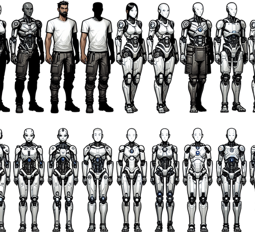 Humanoid robots.
Single Game Texture. In-Game asset. 2d. Blank background. High contrast. No shadows.