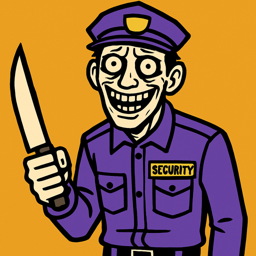 a madman wearing a purple security suit. He looks frightening, you can tell he's crazy by the glazed look in his eyes. he's just smiling with a knife in his hand, but in the glazed look in his eyes there's a little cry for help.
In-Game asset.  2d.  High contrast.  No shadows