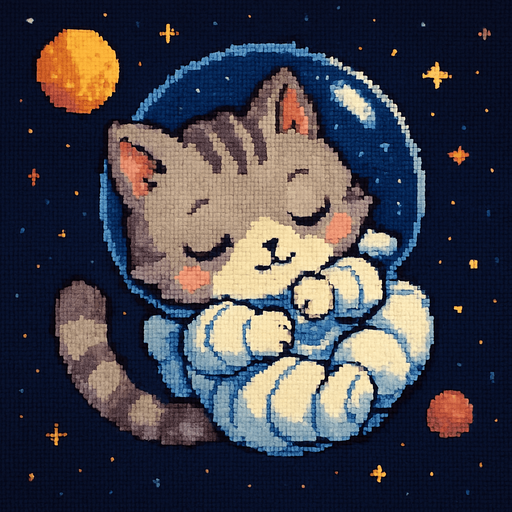 A cute kitten, illustrated in an adorable chibi anime style and wearing an astronaut suit, floats peacefully through outer space, sleeping in the most precious, curled-up position imaginable. Its tiny paws are tucked in close, and its expression is serene. The entire scene is rendered in a charming Pixel Art style.