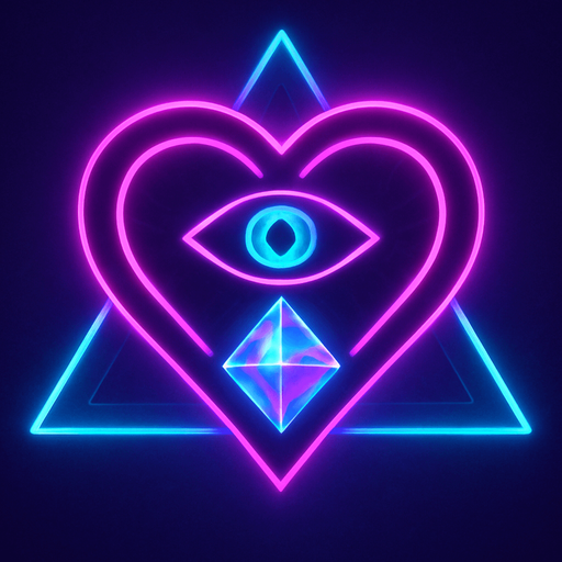 Neon cyberpunk mobile game button magic gemstone crystal sigil eyeball heart triangle topdown flat 3d 2d hologram futuristic glowing occult chic