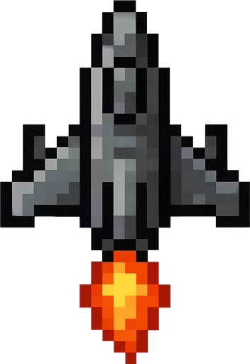 Пиксельный корабль сверху с нарисованным огнем спереди вид сверху.
In-Game asset.  2d.  High contrast.  No shadows