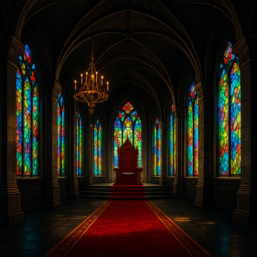 A massive medieval throne hall with golden chandeliers, crimson carpets, high arched ceilings, stained-glass windows casting colored light, majestic and solemn, realistic.
In-Game asset.  2d.  High contrast.  No shadows