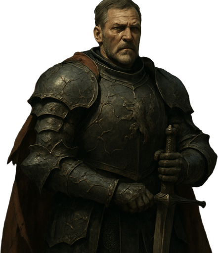 A weathered and noble medieval knight clad in dark iron armor engraved with thorns and lion insignias. Male, 52 years old, tall and broad-shouldered, with greying brown hair cut short, deep-set hazel eyes, and a strong jawline covered in stubble. A long, tattered crimson cape flows behind him. His armor is dented from countless battles. He stands in a ruined stone courtyard at dusk, gripping a massive longsword planted in the ground. Realistic, highly detailed, cinematic lighting. realistic.
In-Game asset.  2d.  High contrast.  No shadows