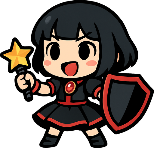 Esta chica tiene un diseño de estilo chibi anime, lo que le da un aspecto adorable y expresivo. Aquí va una descripción detallada:

🔸 Apariencia general:
Es una niña pequeña de proporciones caricaturescas, con cabeza grande y cuerpo diminuto, típica del estilo chibi.

🔸 Cabello:
Cabello negro, corto, llega hasta sus hombros. Estilo honguito.

🔸 Ropa:
Viste un traje colorido similar al de una idol japonesa:

Vestido negro con detalles rojos

Gema roja en el pecho

Falda con vuelo, color negro y una línea roja en el final de la falda

🔸 Accesorios:

Lleva un micrófono con forma de estrella en una mano, lo que sugiere que es una cantante o idol.

En la otra mano, sostiene un escudo de color negro con detalles rojos del tamaño de su cuerpo, lo cual le da un toque de una escudera alegre
🔸 Expresión:
Tiene una expresión alegre, decidida y enérgica, como si estuviera lista para una canción. Tiene la boca abierta de felicidad, simulando que canta feliz para sus fans.
In-Game asset.  2d.  High contrast.  No shadows