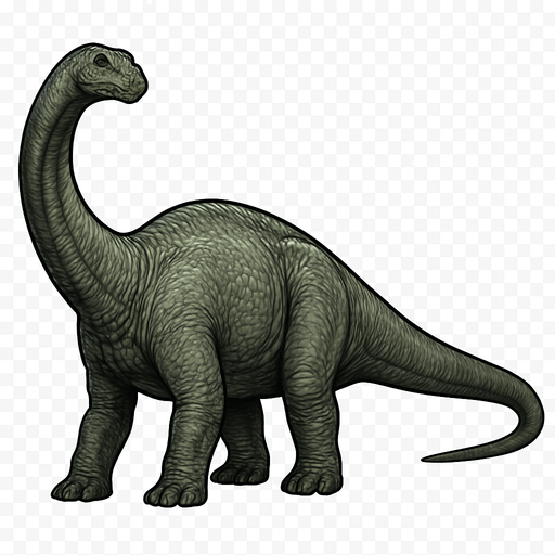 A large, realistic Apatosaurus dinosaur depicted in a neutral standing pose on a transparent background. It has a long, thick neck and a massive, sturdy body covered in textured grayish-green scales. The dinosaur’s skin shows wrinkles and subtle roughness, with detailed muscle structure beneath. Its long tail extends straight behind, balancing the heavy body. The head is small compared to its body, with gentle eyes and a blunt snout. The overall look is calm but powerful, emphasizing the enormous size and strength of this giant herbivore..
In-Game asset.  2d.  High contrast.  No shadows