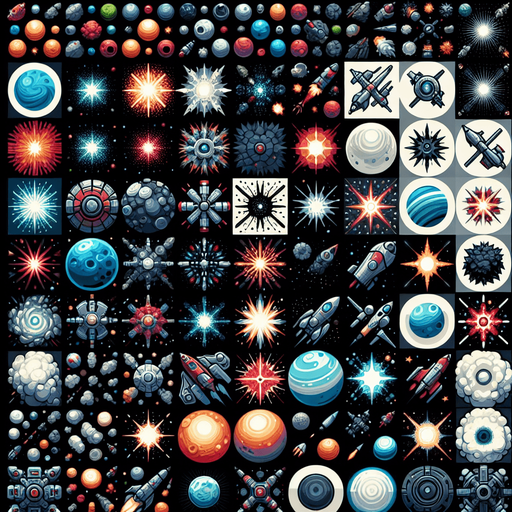 Varias explosiones espaciales pack.
Single Game Texture. In-Game asset. 2d. Blank background. High contrast. No shadows.