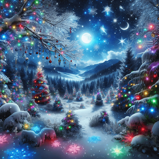 a feeric christmas landscape at night with decorated trees Background image