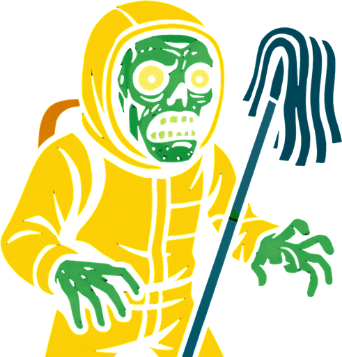 Un zombie con un traje de limpieza.
In-Game asset.  2d.  High contrast.  No shadows
