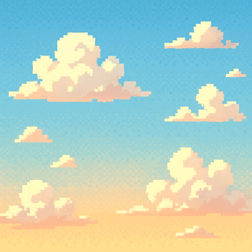 Morning sky background, fluffy white clouds, soft blue gradient, sunrise colors, peaceful atmosphere, 2D pixel art.
In-Game asset.  2d.  High contrast.  No shadows