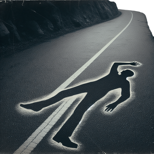 border of a silouete of a victim in white chalk on a road, arm up.
video game style