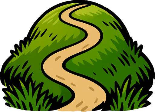 Cima de una colina redondeada con un sendero que lleva a la cima, mucho césped.
In-Game asset.  2d.  High contrast.  No shadows