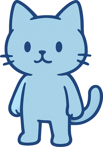 A simple blue cartoon cat standing upright, no accessories or effects, clean and minimal style, no musical notes or particles, not too stylish, designed as the main character for a rhythm game with a cold, minimal theme, light outlines and smooth shading, no background.
In-Game asset.  2d.  High contrast.  No shadows