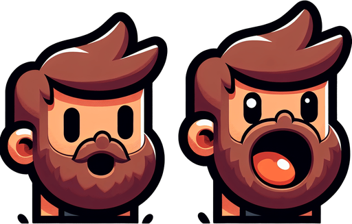 маленький бородатый парень и он же с открытым ртом.
Single Game Texture. In-Game asset. 2d. Blank background. High contrast. No shadows.