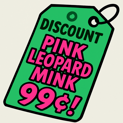 green price tag that says discount pink leopard mink 99 cents!
In-Game asset.  2d.  High contrast.  No shadows