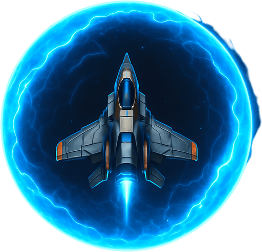 A 2D sci-fi energy shield around a space fighter ship, glowing with electric blue and cyan hues, forming a semi-transparent spherical barrier with pulsing light, subtle hexagonal patterns, and animated energy ripples. The shield should look powerful and futuristic, slightly reflective, and designed for a top-down space shooter game. Transparent background, digital art, perfect for sprite-based visual effects..
In-Game asset.  2d.  High contrast.  No shadows