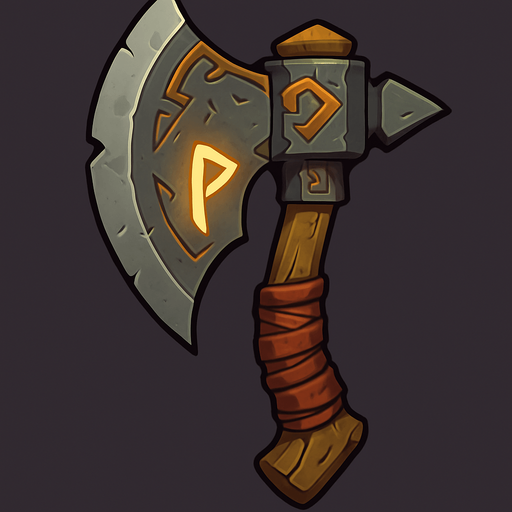 A stylized fantasy axe with a broad, curved blade and intricate engravings. The handle is wrapped in worn leather, and the metal has a slightly weathered look, giving it a battle-worn feel. The design is bold and exaggerated, suitable for an orc warrior, with a glowing rune etched into the blade. The style is high-fantasy with clean lines, vibrant highlights, and a dramatic shadow for depth. Perfect for 2D game assets or concept art..
In-Game asset.  2d.  High contrast.  No shadows