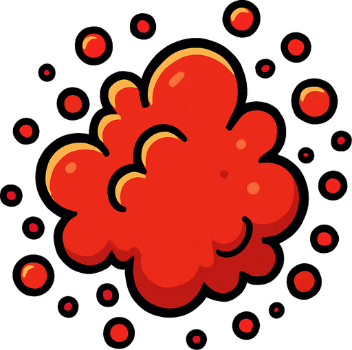Red particle cloud. Cartoon. Bright outline. Single Game Texture. In-Game asset. 2d. Blank background. High contrast. No shadows.