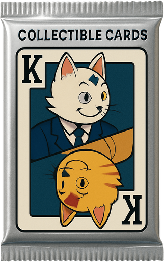 A booster pack of collectible cards in the plastic packaging. On the package is a picture of these two cats as if they are the King on a card in a deck of regular playing cards. The white one is on top facing left and the bottom one is the mirror facing right, side profile, just like a king on a regular playing card. There is a K in the top left corner to mark the King, but no suit.