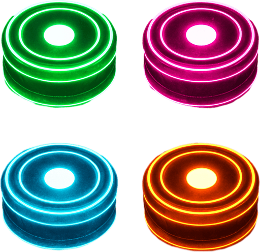 make it neon cyberpunk style, make one green, one pink, one light blue, and one orange, add a white circle in the middle of each