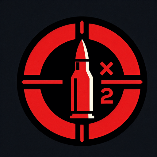 red  circle with black background and bullet on middle next to x2 symbol.
Single Game Texture. In-Game asset. 2d. Blank background. High contrast. No shadows.