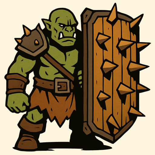 Orc with a big wooden shield full of spikes.
In-Game asset.  2d.  High contrast.  No shadows