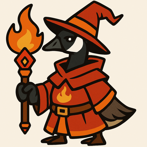 A Canadian Goose in Pyro Mage outfit holding a pyro catalyst.
In-Game asset.  2d.  High contrast.  No shadows