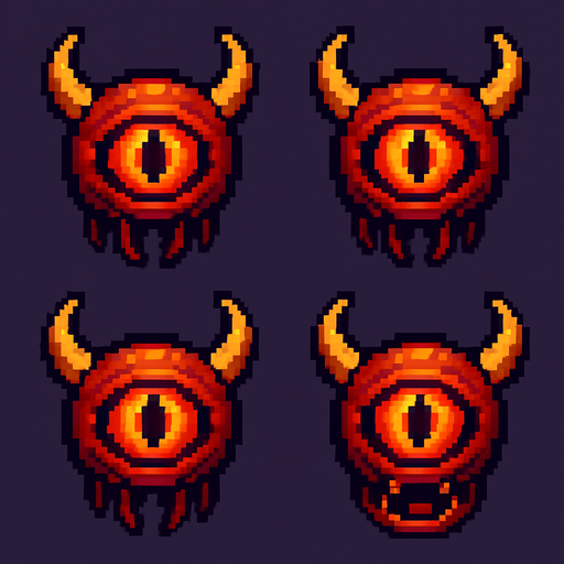 Generate a sprite sheet for a floating demon eye. Front side view. Include one attack sprite with mouth open. Retro pixel graphics..
In-Game asset.  2d.  High contrast.  No shadows