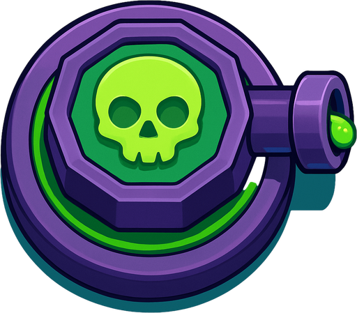 Crea la Torre Poison en un estilo 2D renderizado, limpio y cartoonish, con contornos claros y definidos, colores vibrantes con transiciones suaves, y sombreado que da volumen a sus superficies superiores.
La perspectiva debe ser VISTA CENITAL (totalmente desde arriba). Esto significa que la torre se verá como si estuviera siendo observada directamente desde arriba, con los detalles de su parte superior siendo prominentes.
La base de la torre debe ser circular para permitir un movimiento de cañón cómodo. La salida del veneno o el cañón debe apuntar hacia la DERECHA.
La torre debe tener un perfil bajo y la menor cantidad de relieve vertical posible para facilitar una rotación fluida en la animación..
In-Game asset.  2d.  High contrast.  No shadows