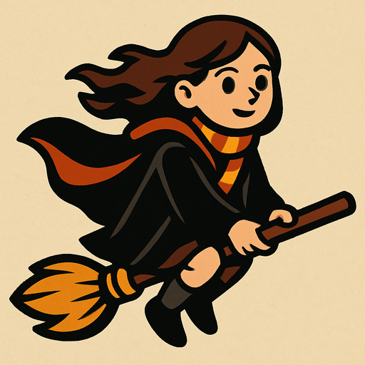 çalı süpürgesine binen pelerinli kız bir büyücü harry potter temasında.
In-Game asset.  2d.  High contrast.  No shadows
