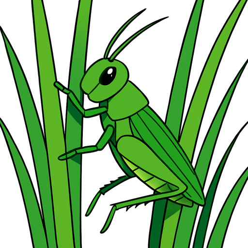 gambar 2d anime belalang hijau menempel di rumput panjang.
In-Game asset.  2d.  High contrast.  No shadows