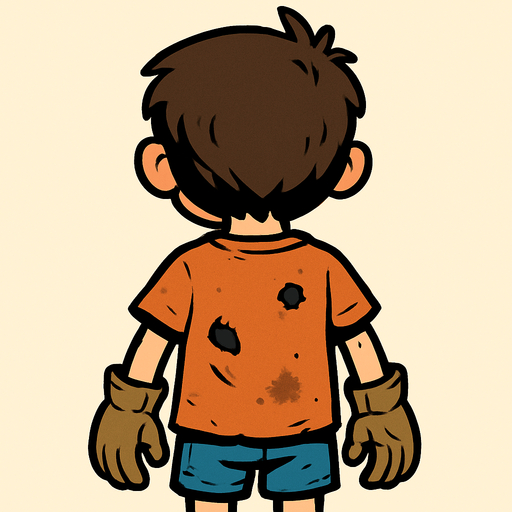 5-year-old boy with his back turned wearing a worn t-shirt and work gloves.
In-Game asset.  2d.  High contrast.  No shadows. Cartoon