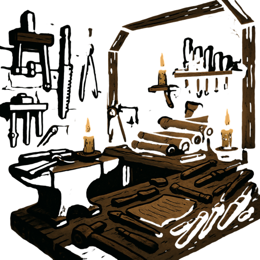 A medieval craftsman's workshop, cluttered with wooden tools, candlelight flickering on iron anvils and scrolls, stone walls, dusty air, dark fantasy realism.
In-Game asset.  2d.  High contrast.  No shadows