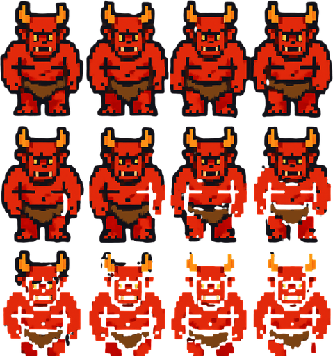 A walking sprite sheet for demonic ogre. Front perspective. Retro PC pixel. 
In-Game asset.  2d.  High contrast.  No shadows