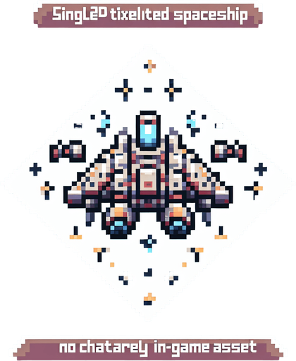 Spaceship 2D Pixel..
Single Game Texture. In-Game asset. 2d. Blank background. High contrast. No shadows.