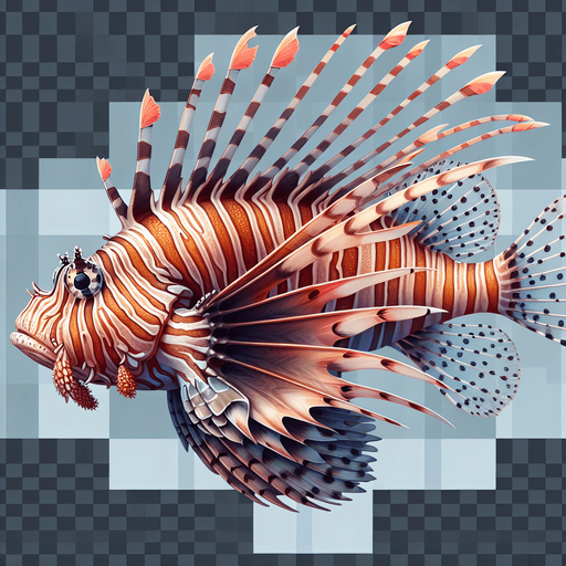 a realistic lionfish.
Single Game Texture. In-Game asset. 2d. Blank background. High contrast. No shadows.