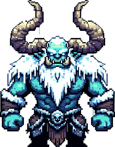A frost orc enemy sprite. pixelart. front view. Single Game Texture. In-Game asset. 2d. Blank background. High contrast. No shadows.