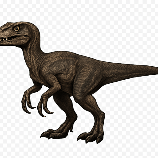 A realistic dinosaur dinosaur depicted in a neutral standing pose on a transparent background. It has a slender, agile body covered with textured brown and dark gray scales. The head is narrow with sharp teeth visible in a slightly open mouth and bright, alert eyes. Its limbs are muscular with sharp claws, and the tail is long and straight, providing balance. The skin texture shows fine scales and subtle muscle definition, emphasizing its role as an early, fast predator..
In-Game asset.  2d.  High contrast.  No shadows