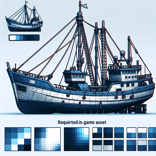 blue white color fishing ship.
Single Game Texture.  In-Game asset.  2d.  Blank background.  High contrast.  No shadows