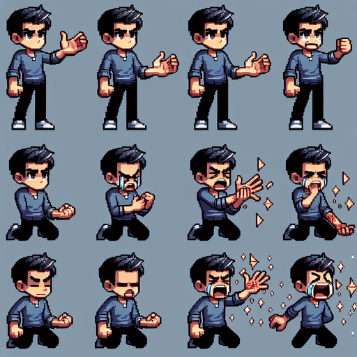 create a spritesheet of a person with his hand up, and also another sprite with his hand down with the pose as if he was breaking something, and a sprite of him crying with his injured hand. also make a sprite of him with his mouth open.. Single Game Texture. In-Game asset. 2d. Blank background. High contrast. No shadows.
Single Game Texture.  In-Game asset.  2d.  Blank background.  High contrast.  No shadows