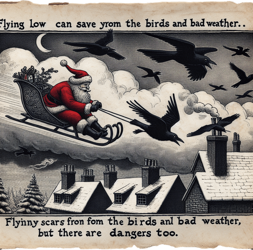 a pergament with a flying santa on his sledge hiding for ravens and storms. In front of him is a chimney. There is the text: "Flying low can save you from the birds and bad weather, but there are dangers too"