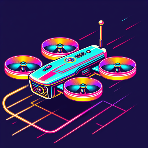 retro flying drone  in neon colors..
Single Game Texture. In-Game asset. 2d. Blank background. High contrast. No shadows.