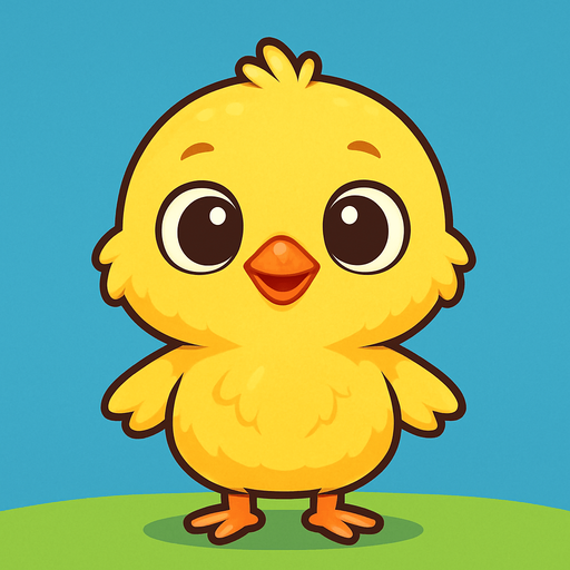 “A cute cartoon-style baby chick standing upright, designed as a game character. Big round eyes, small orange beak, fluffy yellow feathers, small wings, tiny feet. Bright and happy expression, simple colorful background, high-quality digital illustration, ideal for a mobile game character..
In-Game asset.  2d.  High contrast.  No shadows. cartoon style