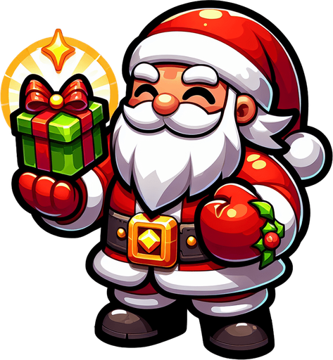 christmas present for kind santa, cartoon, power up Single Game Texture. In-Game asset. 2d. Blank background. High contrast. No shadows.
