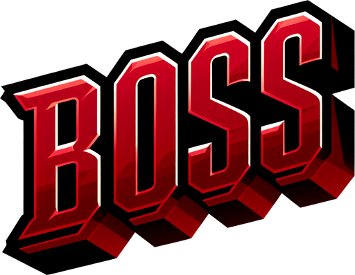 An SVG of the word **BOSS** in sharp red font..
Single Game Texture.  In-Game asset.  2d.  Blank background.  High contrast.  No shadows