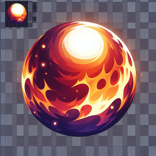 A ball of fire , white in center and darker around the edges.
Single Game Texture. In-Game asset. 2d. Blank background. High contrast. No shadows.