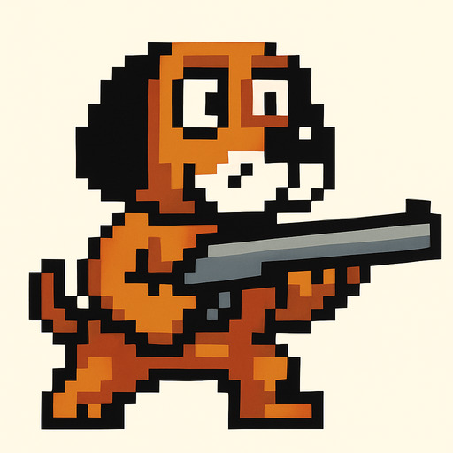 pixart hunting brown dog with black ears and white mouth holding a gun.
In-Game asset.  2d.  High contrast.  No shadows