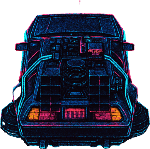 DeLorean hover car, seen from behind
Neon-lit, cyberpunk city aesthetic. Glowing accents and retro-futuristic mods. Top-down view, GTA2 style. Single Game Texture. In-game asset. 2D pixel art. Transparent background. High contrast. No shadows. Isometric perspective. Synthwave vibe with flickering lights and digital noise textures.