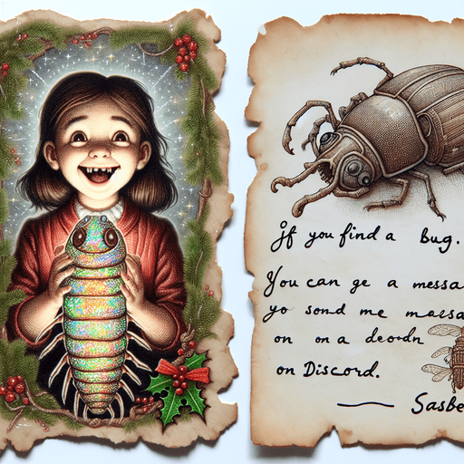 a pergament of a happy girl. she got a big fat slimy bug as chrismas present. There is the text: "If you find a bug, you cam write me a message on Discord FRVR. - Sasbe"