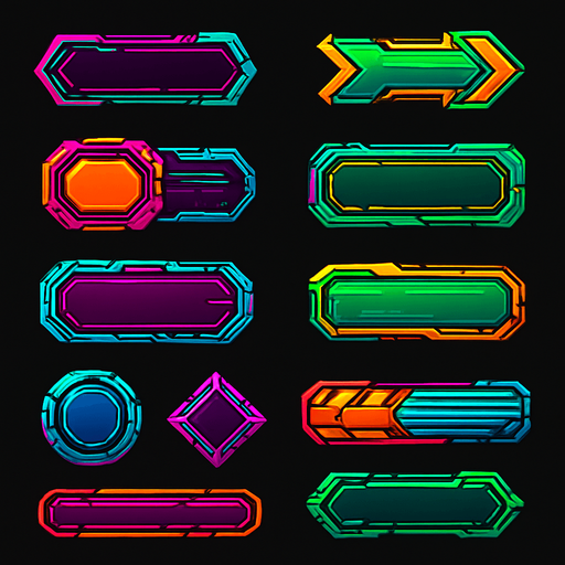 Buttons assets. cyberpunk. abstract. futuer. different colors. HD colors.
In-Game asset.  2d.  High contrast.  No shadows